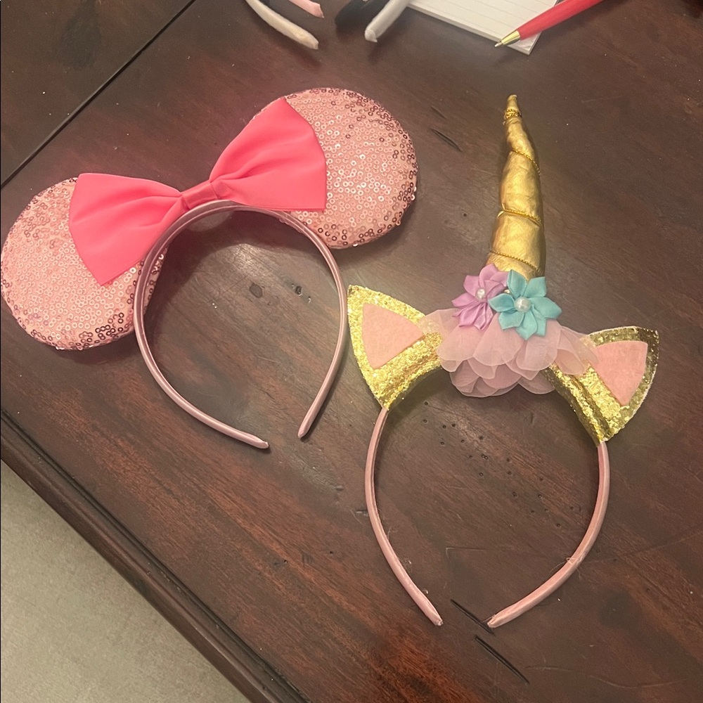 Gold Unicorn Headband with Pink and Blue Flowers